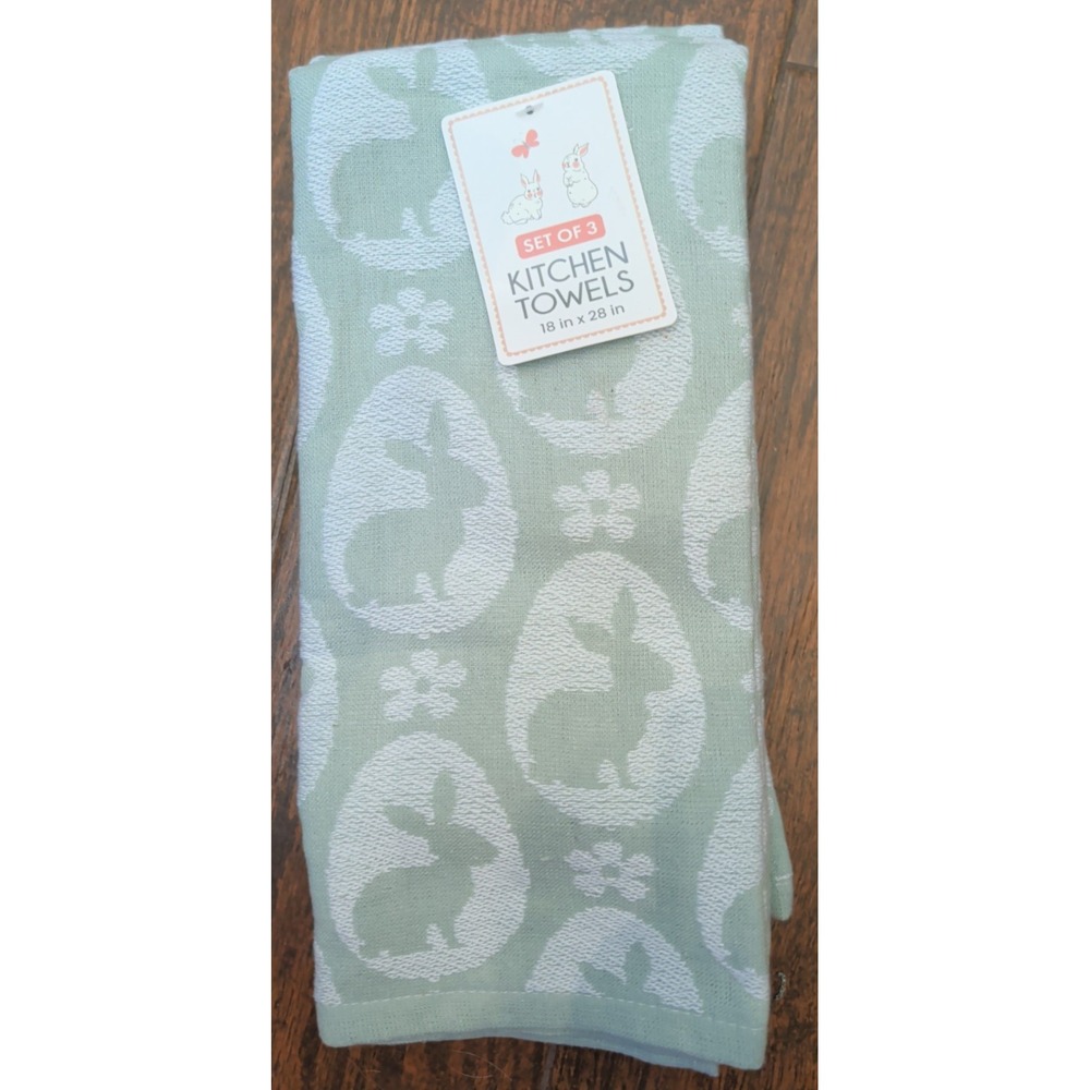 Bunny in Egg Set of Three Sage Kitchen Tea Towels Easter Rabbit Spring Theme